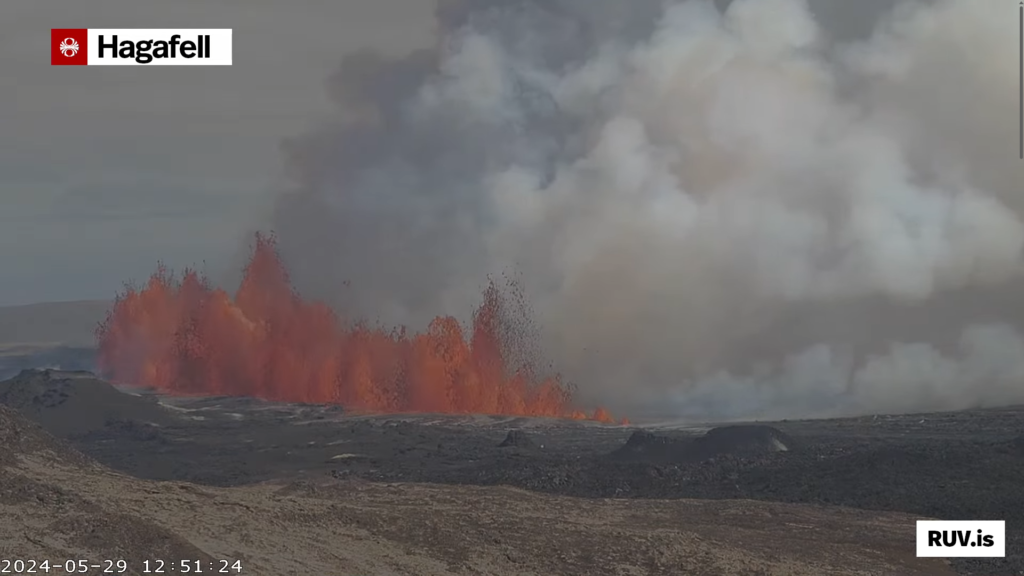 The eruption as it was at 12:51:24. The peak lava fountains are reaching slightly more than 70 meters up in the air and the fissure is expanding to the south and north. Gas cloud is growing and drifting to the east.