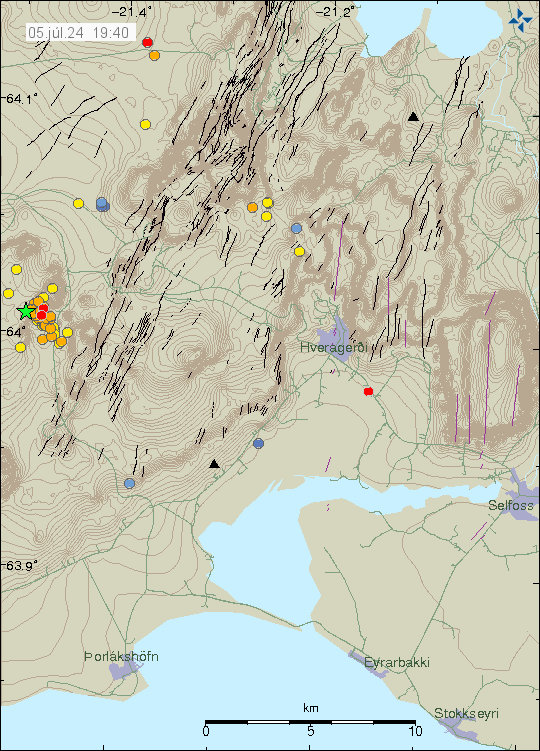 The earthquake swarm on the left side on this image, with orange dots because of the age of the earthquakes on the map. Green star shows the largest earthquake.