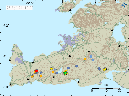 Green star just south of Kleifarvatn lake. Along with few orange dots showing the smaller earthquakes.