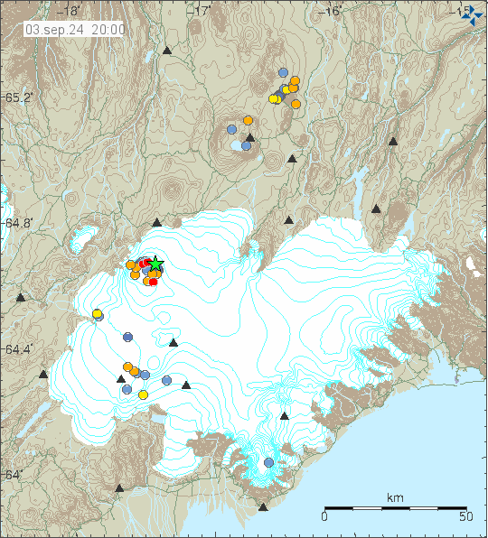 Green star in the east part of Bárðarbunga volcano in Vatnajökull glacier. Along with few dots that are orange in colour and mark the locations of smaller earthquakes.