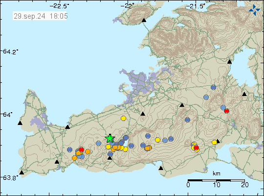 Two green stars on top of each other along with blue and orange dots that are showing smaller earthquakes from today and last few days in the same area. Earthquakes in other areas of Reykjanes peninsula. 