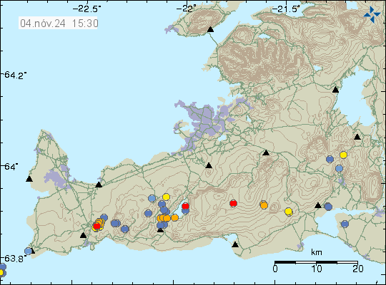 Dots of small earthquakes all over Reykjanes peninsula. The dots in Svartsengi volcano, in Sundhnúkagígar crater row. This group of small earthquakes is the dyke intrusion that was trying to happen during the night.