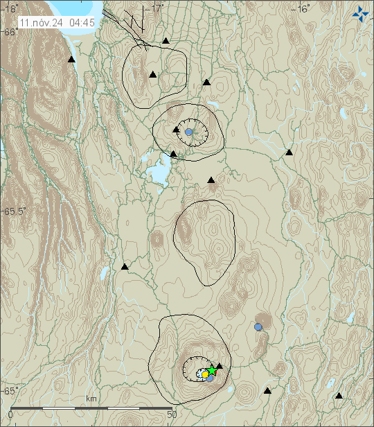 Green star at the end of this map. In Askja volcano. There is one blue dot, showing a smaller earthquake in Krafla volcano. 