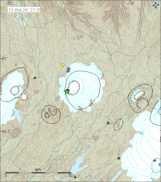 Green star and two blue dots and one yellow dot in north part of Hofsjökull volcano. The green star is located in the western part of caldera edge. Hofsjökull glacier and the volcano is on the centre on this image.