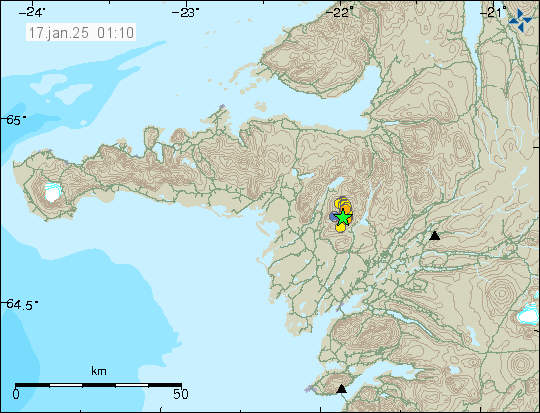 Green star and a lot of small dots showing the earthquake in the Ljósufjöll volcano.