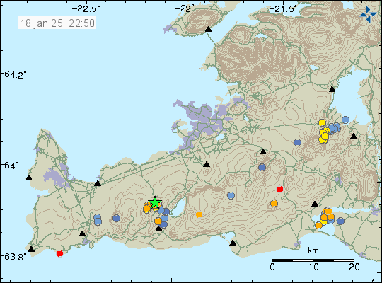 Green star and orange dots east of Keilir mountain, that is west of Kleifarvatn lake. 