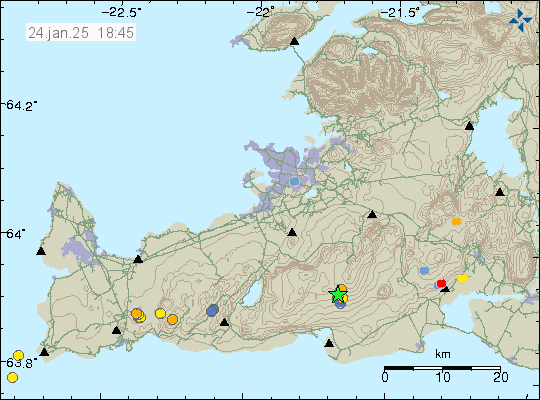 Green star in Brennisteinsfjöll volcano, that is located on the south and eastern side of Reykjanes peninsula. Few dots next to the green star showing the largest earthquake.