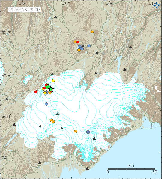 Green stars and red dots in Bárðarbunga volcano that is located to the west part of this image, not far from the center in Vatnajökull glacier. Other parts of this image show other volcanoes with limited earthquake activity.