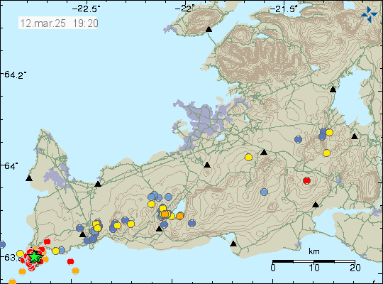 Red dots and green stars on Reykjanes peninsula at the edge where it goes out into the ocean. Dots all over Reykjanes showing other earthquake activity.