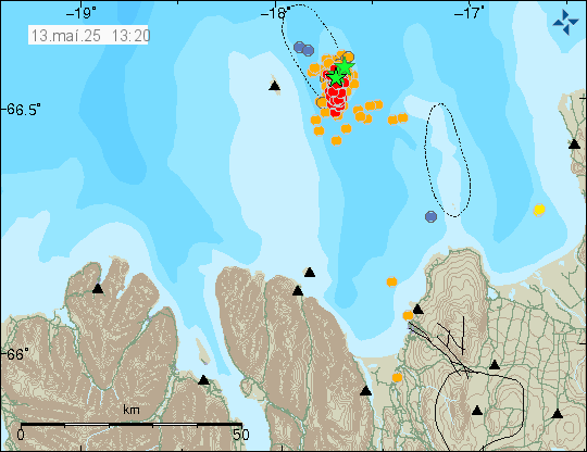 Green stars and a lot of red and orange dots showing the earthquake activity east of Grímsey island.