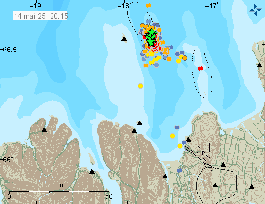 Many green stars and red dots showing the strong earthquake swarm east of Grímsey island.