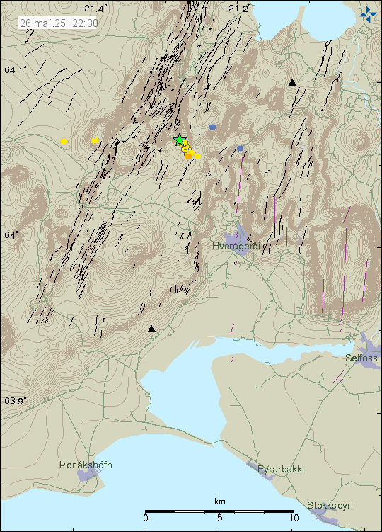 Green star north-west of Hveragerði town. With few yellow dots showing smaller earthquakes.