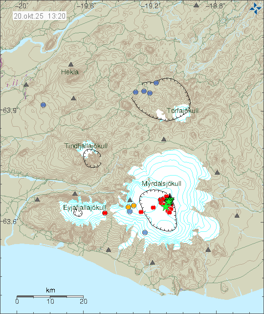 Red dots showing smaller earthquakes in Katla volcano. Green stars showing stronger activity in Katla volcano caldera.