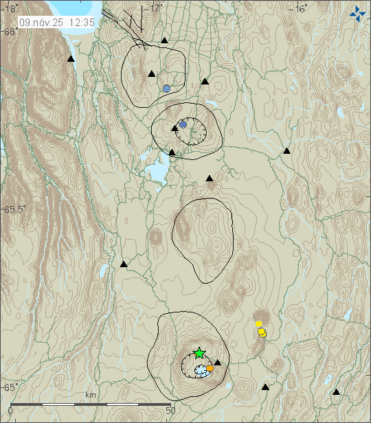 Green star at the bottom of the image in Askja volcano. The green star is in the northern part of the caldera in Askja volcano.