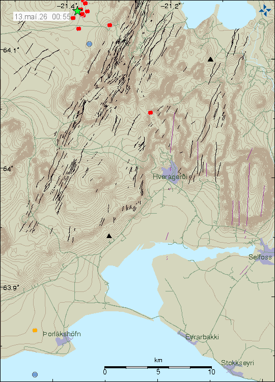 Earthquake swarm on top of the image with one green star showing the largest earthquake. Red dots showing smaller earthquakes are spread around.