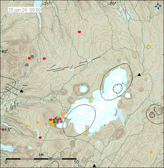 Green star just south-west of Presthnúkar volcano. Along with red dots that show smaller earthquakes in the same area.